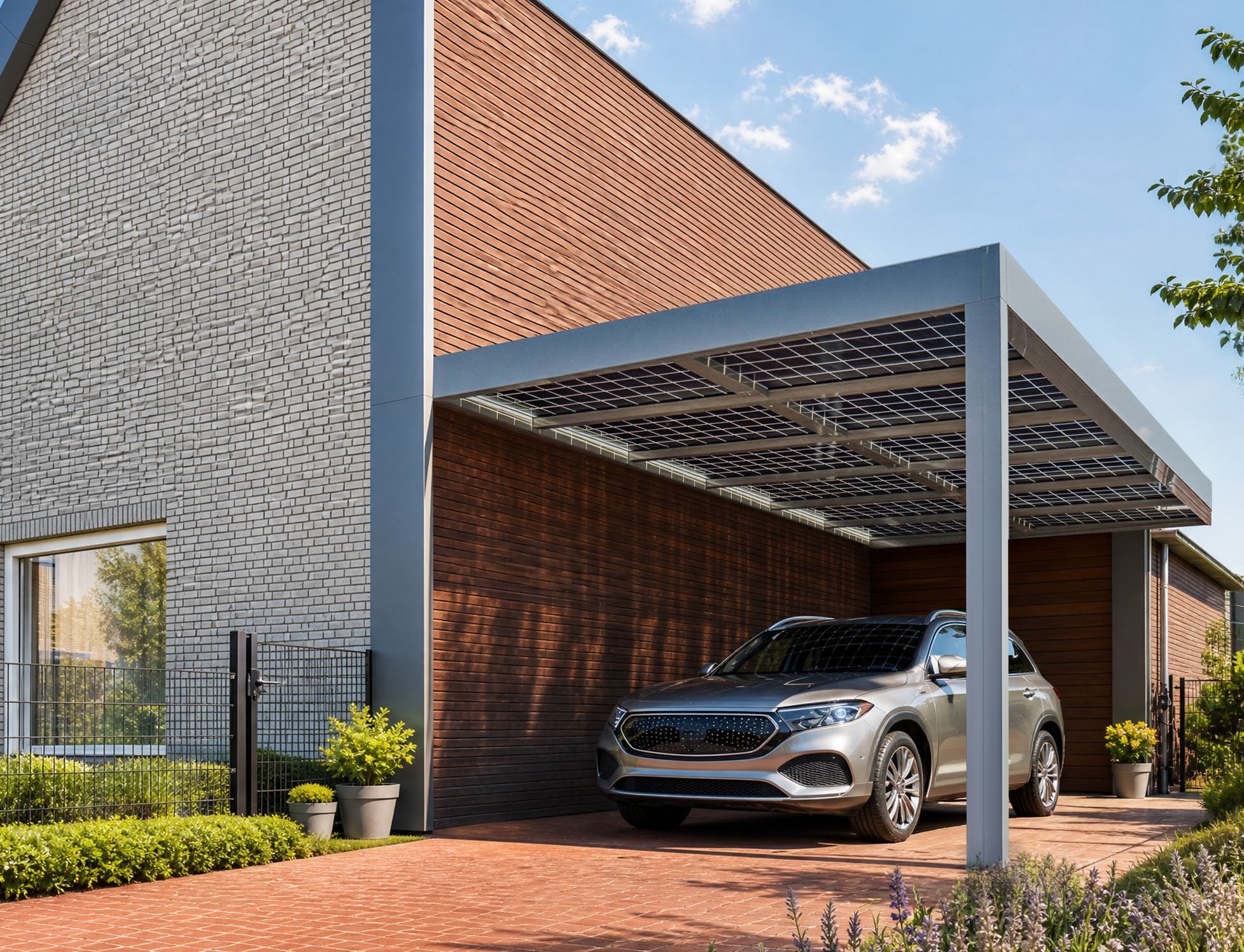 Aluminium carport met zonnepanelen in het dak tegen een woning met grijze en rode gevelsteen, met een auto eronder