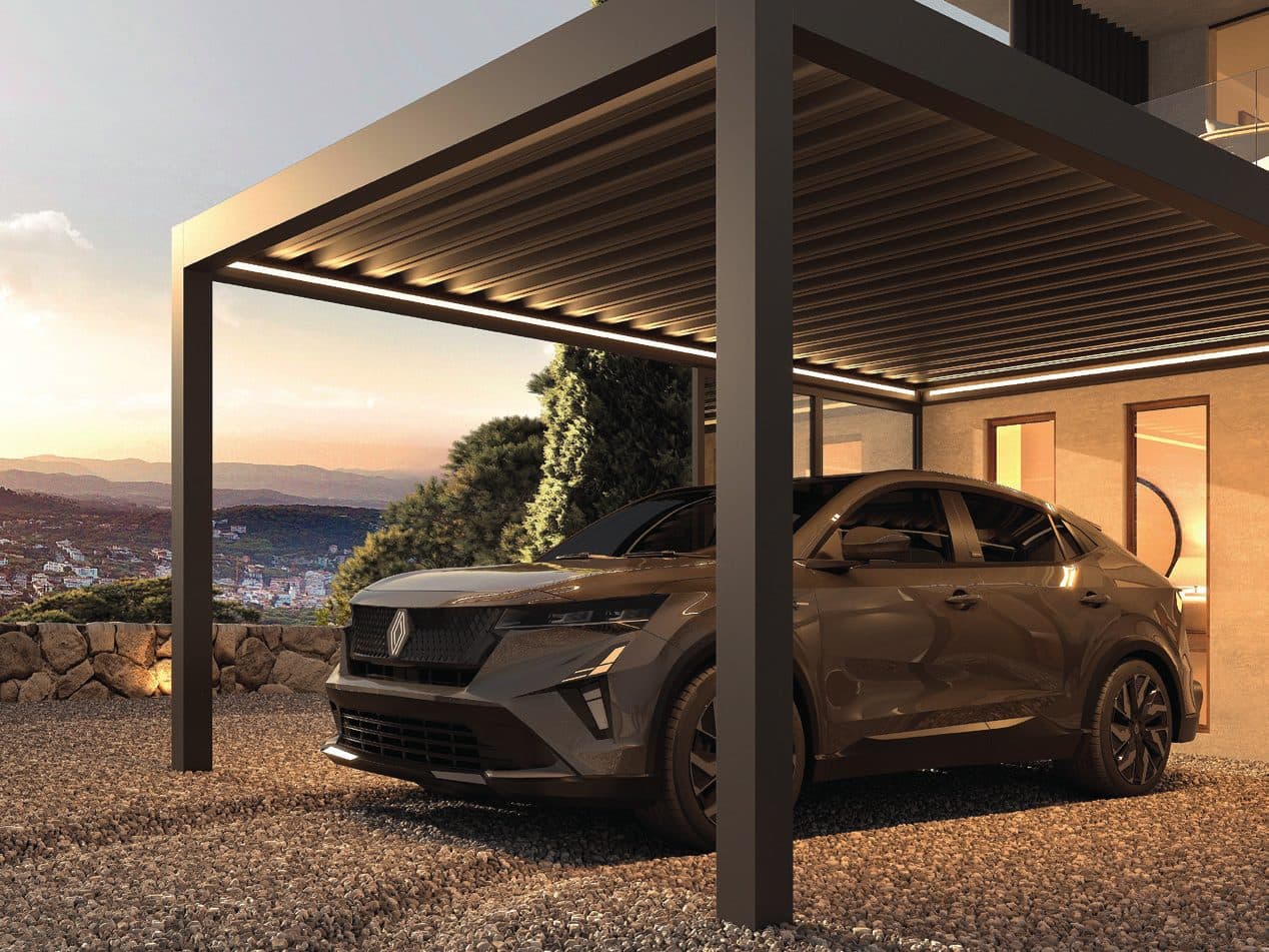 Auto onder een antraciet carport met ledverlichting langs de dakrand