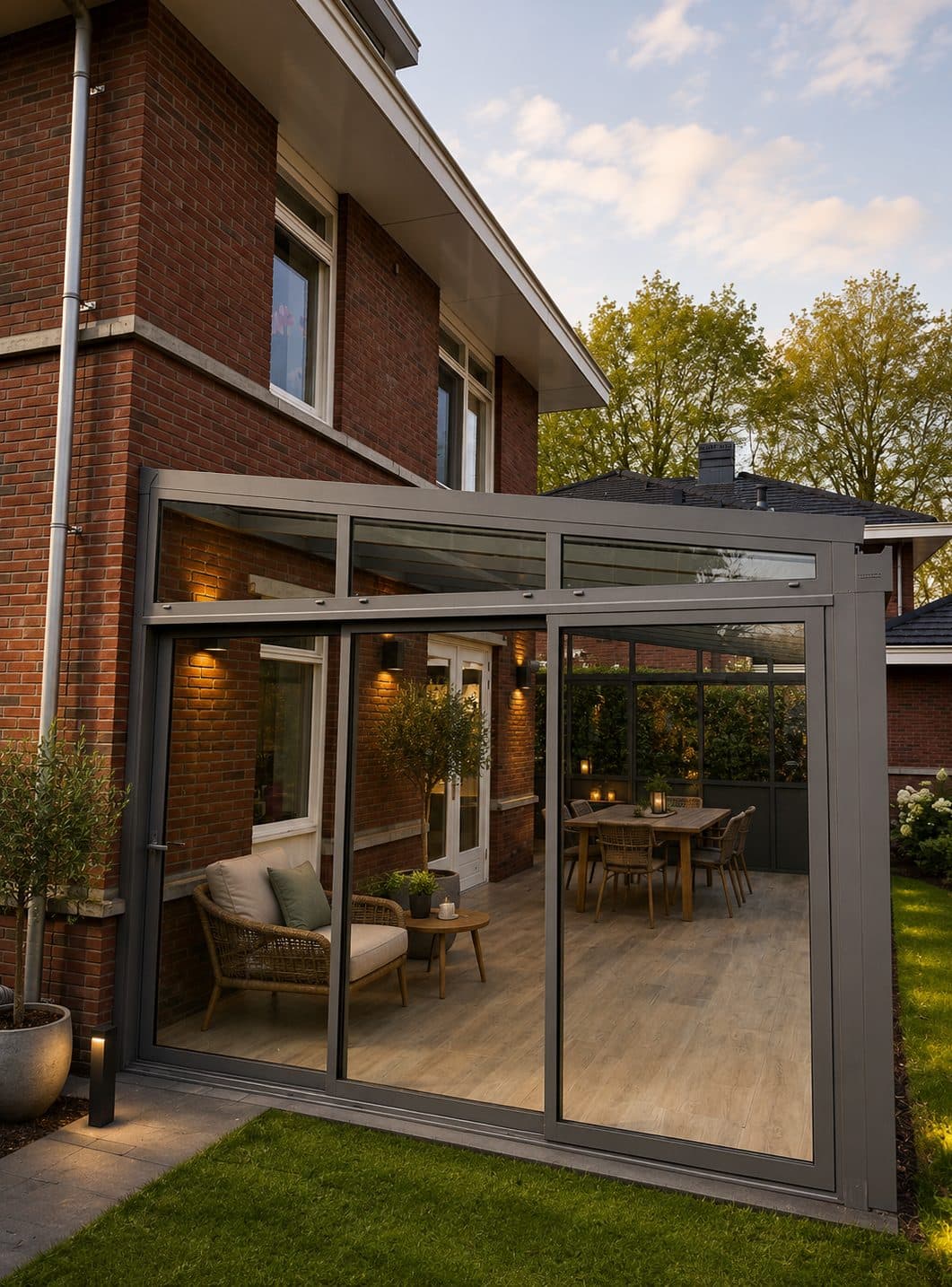 Glazen aanbouw met slank antraciet frame op de hoek van een bakstenen woning, met verlichting binnen