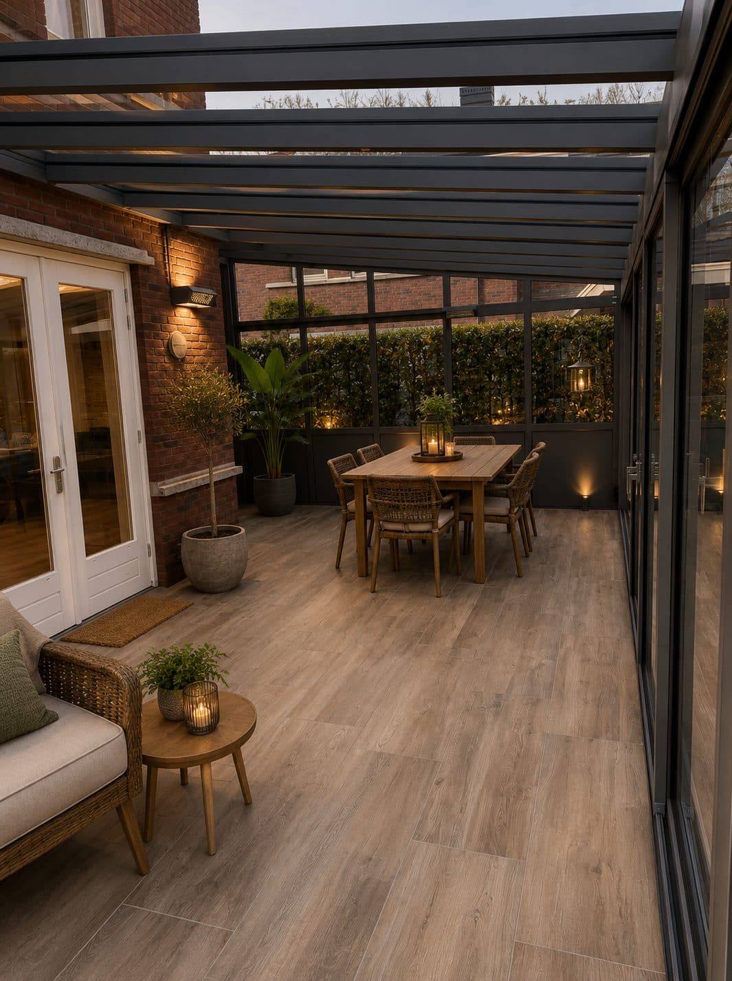 Binnen onder een glasdak met donkere spanten: houten vloer, eettafel en wandlampen in de avond