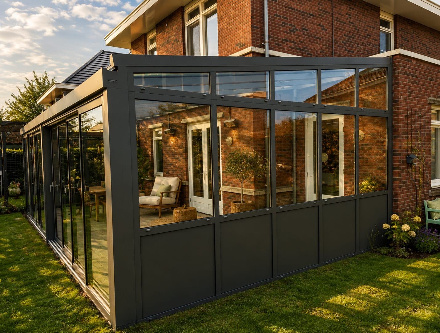 Antraciet tuinkamer met glasdak en glazen wanden met dichte onderpanelen tegen een bakstenen woning, in avondzon